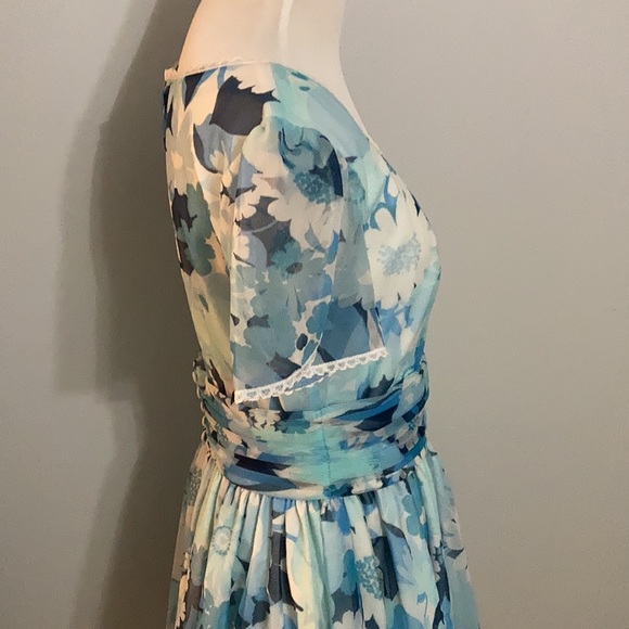 Vintage Blue Square Dance Floral Dress with Matching Ruched Belt Size Medium - Picture 5 of 7
